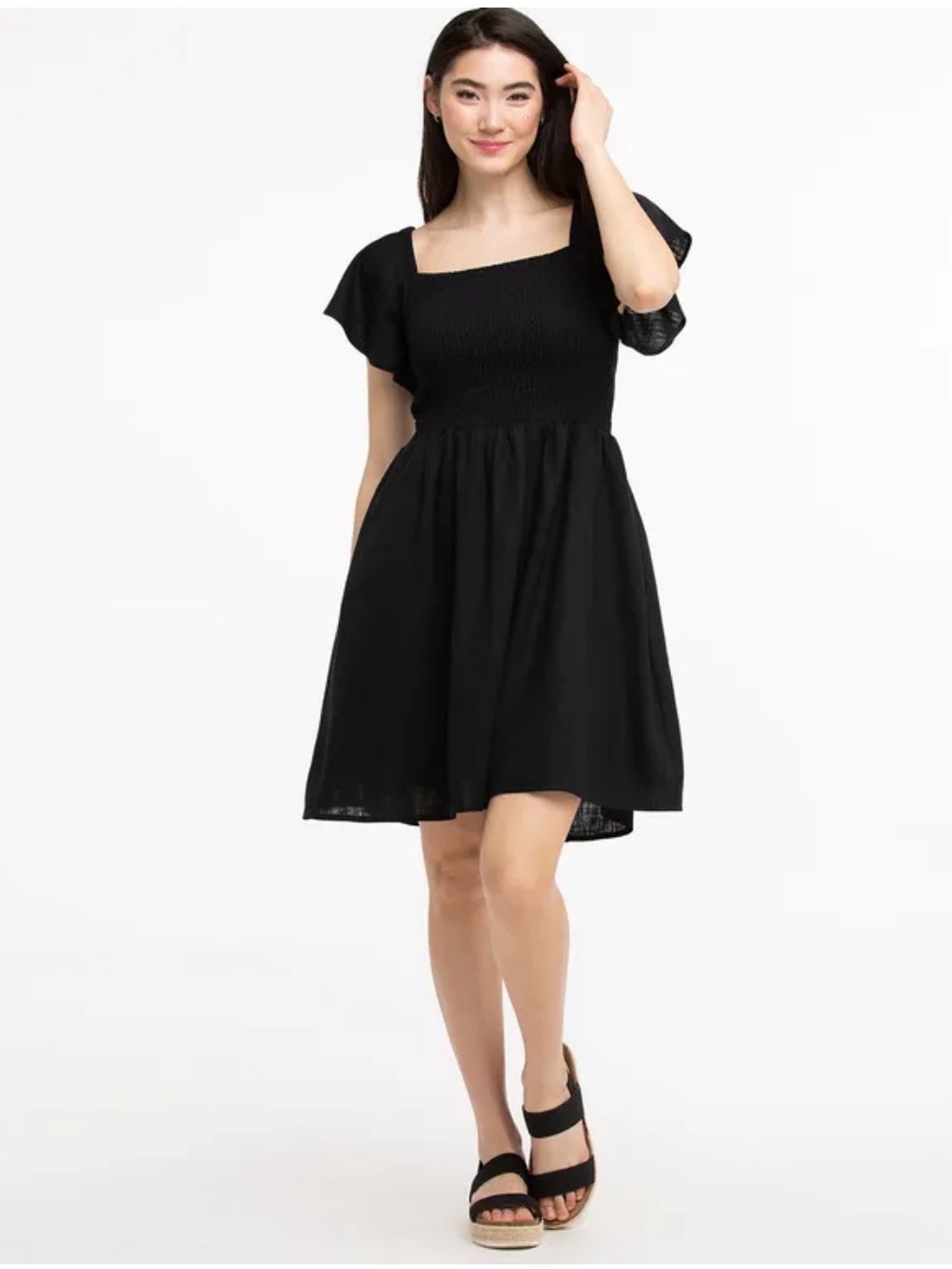 Ricki’s Black Smocked Puff Sleeve Linen Blend Mini Dress M